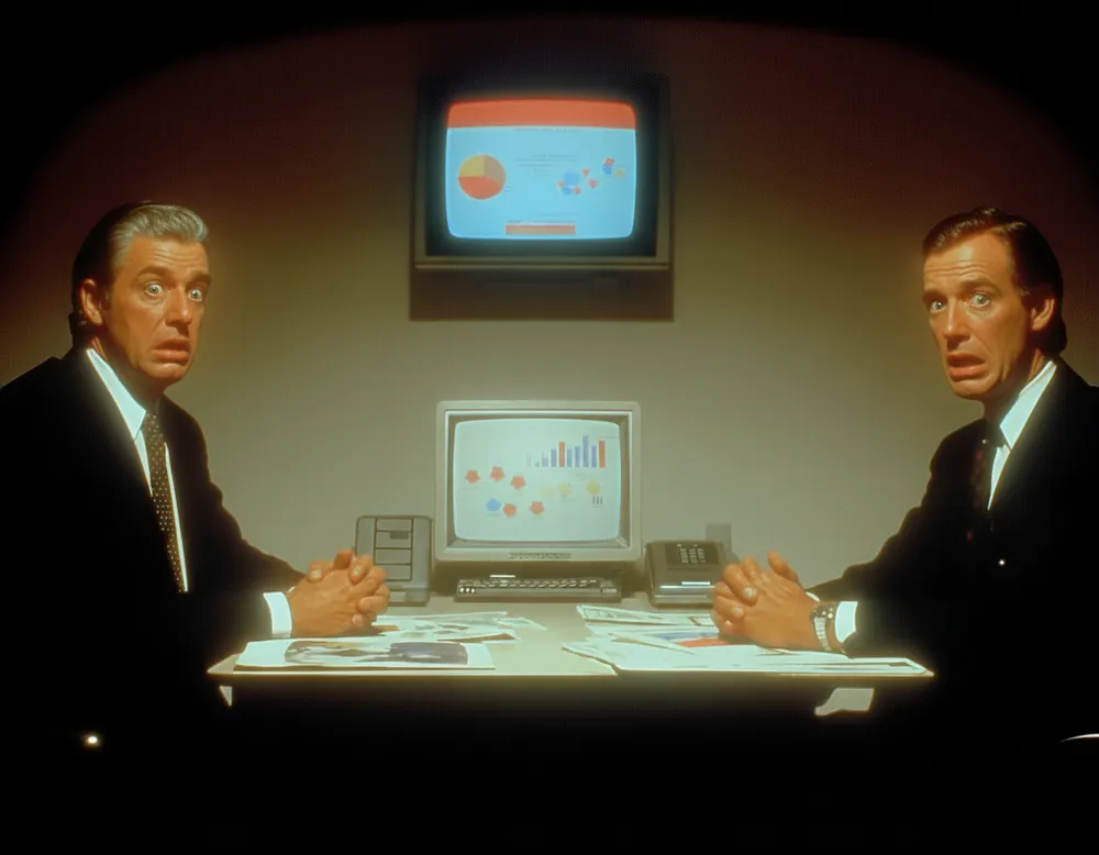 Two partners across a desk, hands folded, a monitor with charts behind them