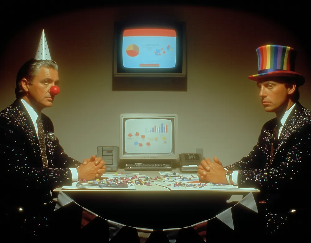 The same two partners wearing party hats and a clown nose