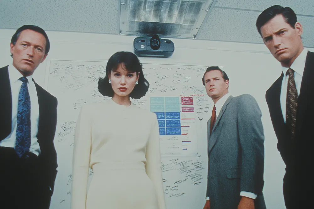 Four consultants posing in front of a whiteboard covered in frameworks