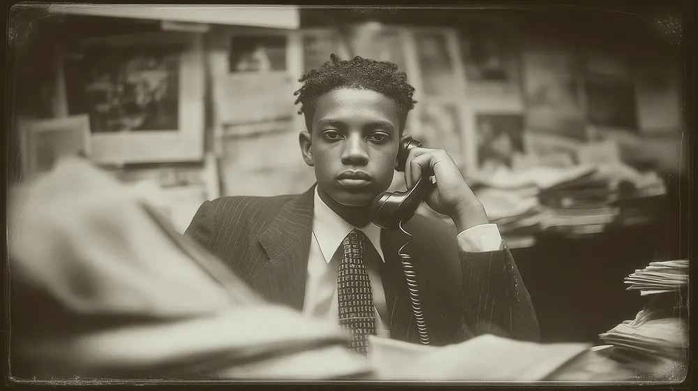 Photo sépia d’un jeune analyste au téléphone dans un bureau rempli de papiers