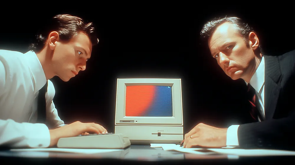 Two men staring at an old beige computer on a desk