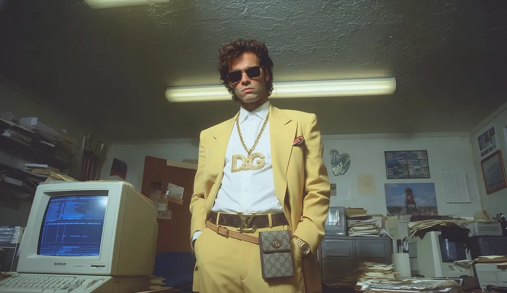 A man in a yellow suit and sunglasses, gold chain, in a cluttered 1990s office