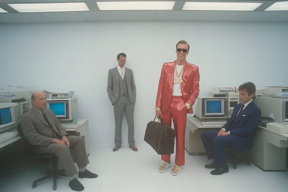 Three men in an all-white office: two in grey suits seated, one standing in a red suit with a designer bag