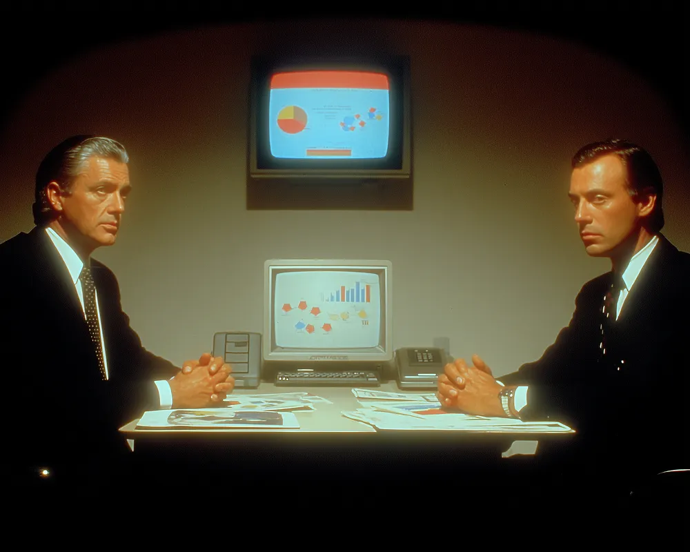 Two men in dark suits facing each other across a desk, an old monitor showing pie charts behind them