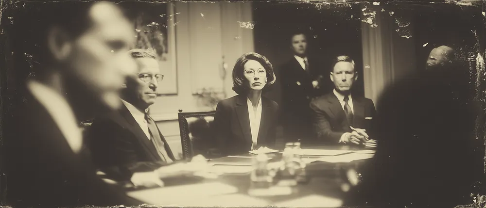 Photo sépia d’un comité de direction : un homme debout, les autres assis autour de la table