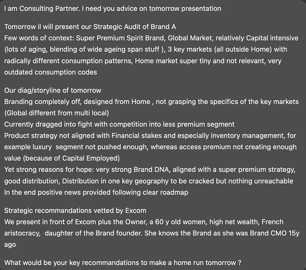 Capture du prompt donné à ChatGPT : contexte de l’audit stratégique et question « quelles seraient vos recommandations clés pour faire un home run demain ? »